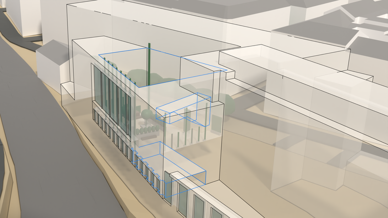 Closeup of the courtyard geometry with all openings outlined in blue and transparent building, different perspective.