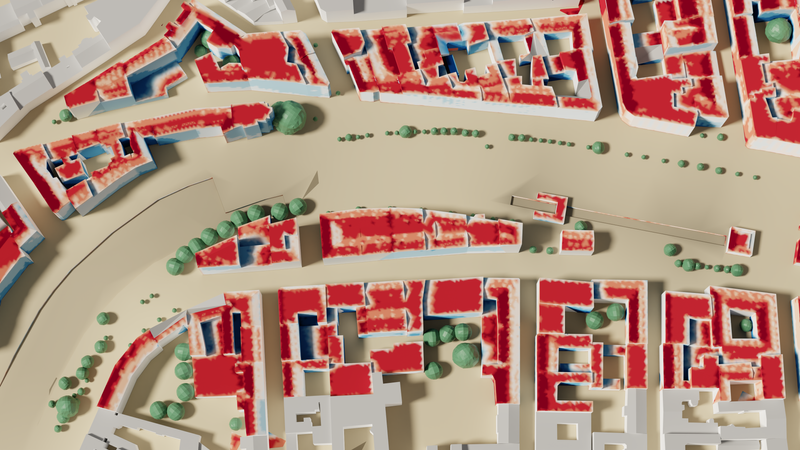 Oberflächentemperatur von Gebäuden in urbaner Mikroklima-Simulation.