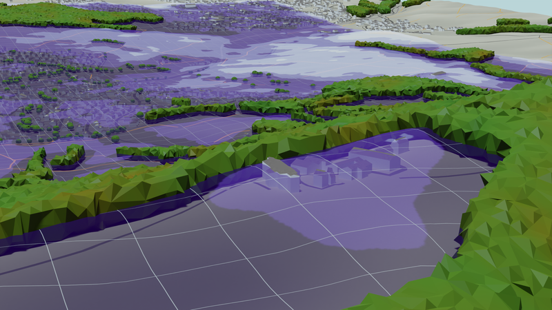 View of the hillcrest showing power density at a height of 10m over terrain. Transparency and grid overlay for better visibility