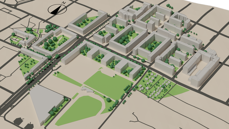 Model area for microclimate simulation: includes high-fidelity buildings with full roof structures, various forms of trees, soil and grass and terrain.